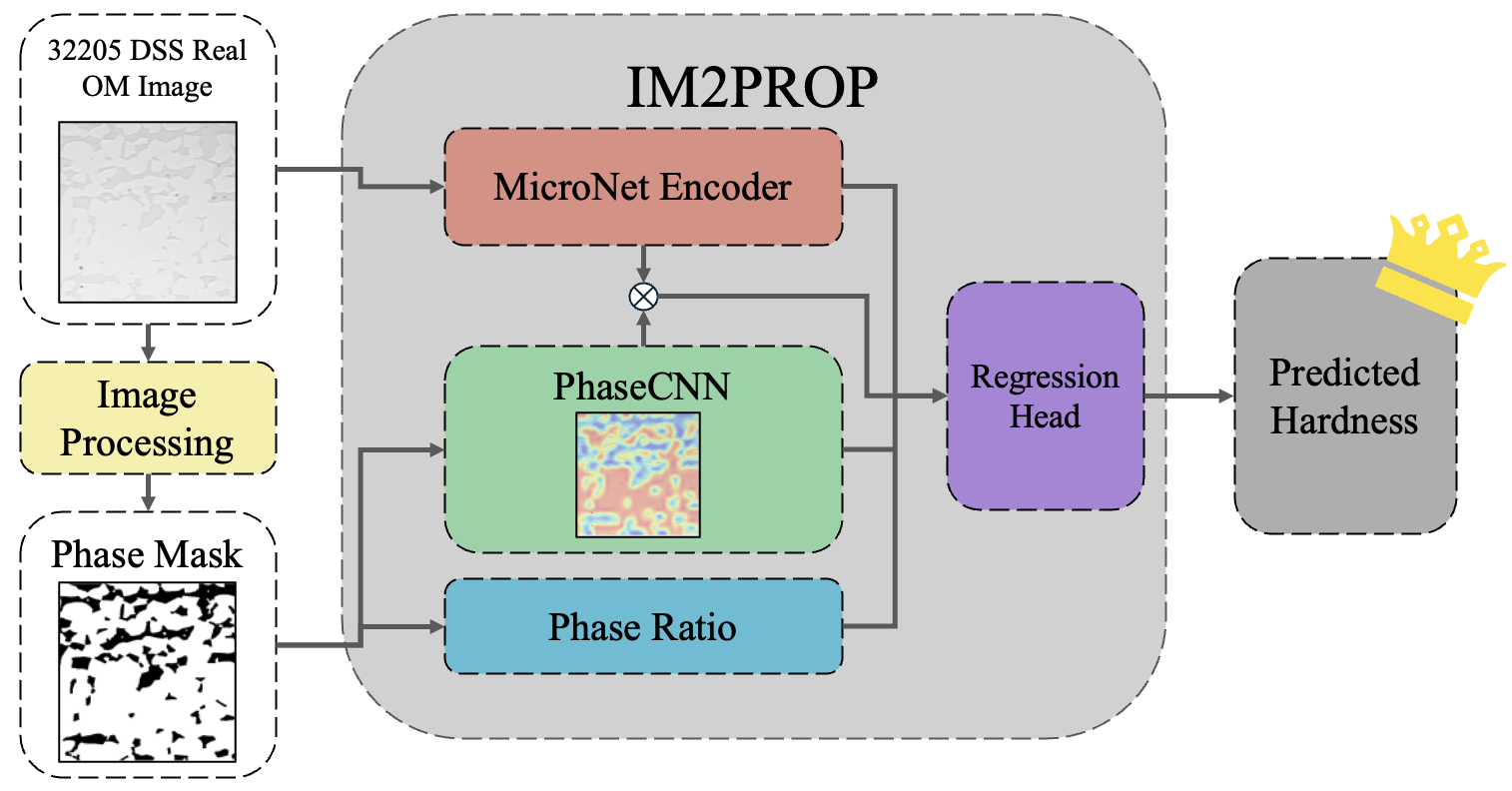 Framework overview: a micrograph goes through image processing into a phase mask; the micrograph feeds a MicroNet encoder, the mask feeds a PhaseCNN and the phase ratios, and all three meet in a regression head that predicts hardness.