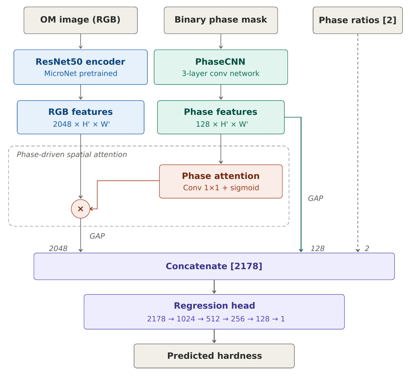 Detailed architecture: ResNet50 encoder on the RGB image, PhaseCNN on the binary phase mask with a phase-attention gate, and phase ratios, concatenated to 2178 dimensions and passed to a regression head.